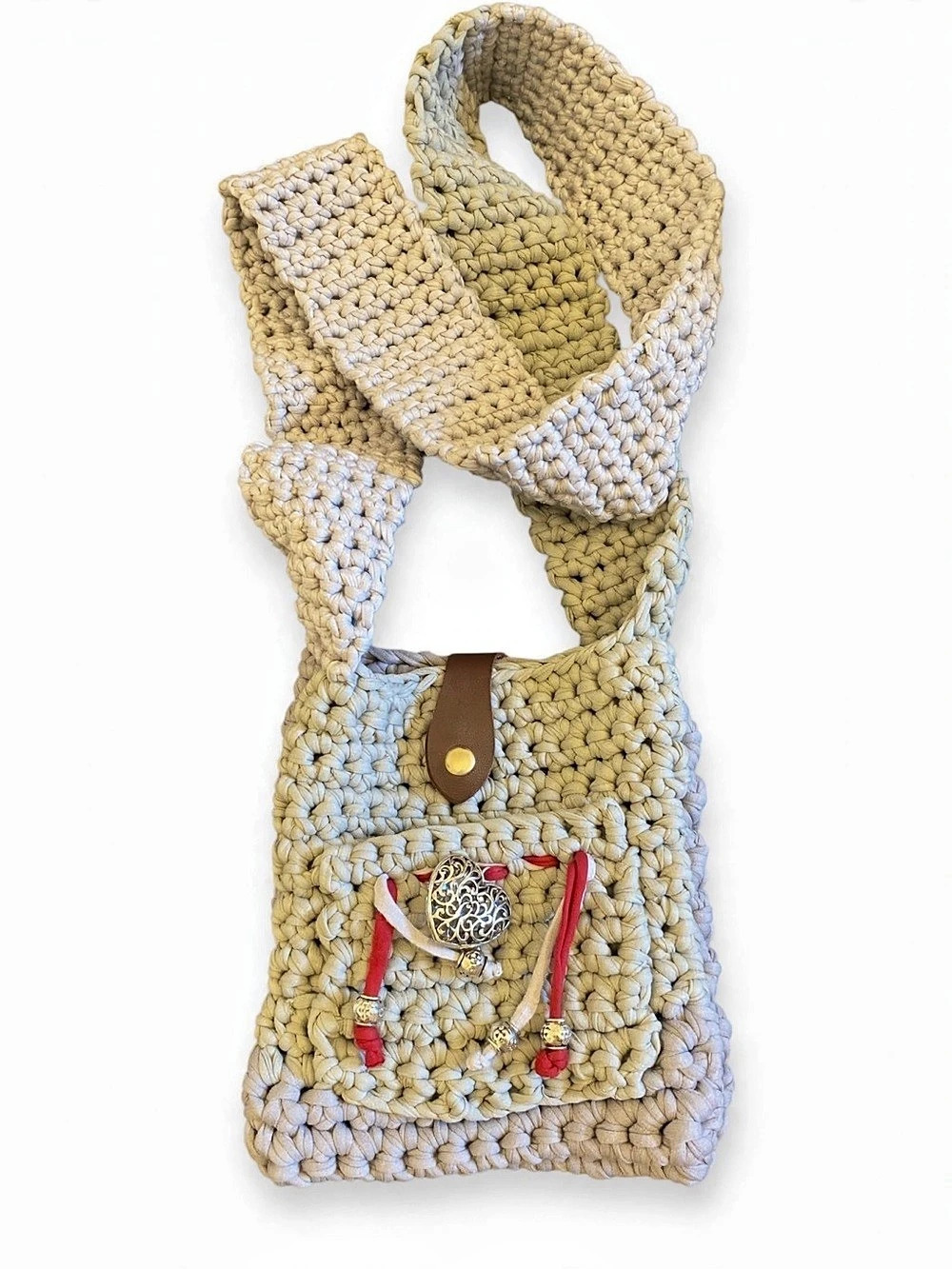 Handmade Crochet Crossbody Bag in Gray & Cream New